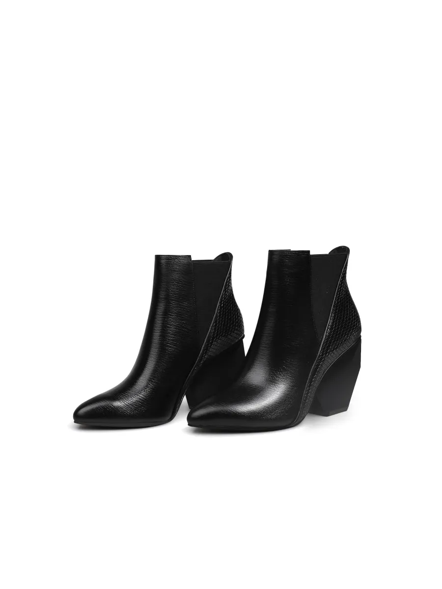 Black Texture Geometry Mid Heel Leather Chelsea Boots Ankle Boots