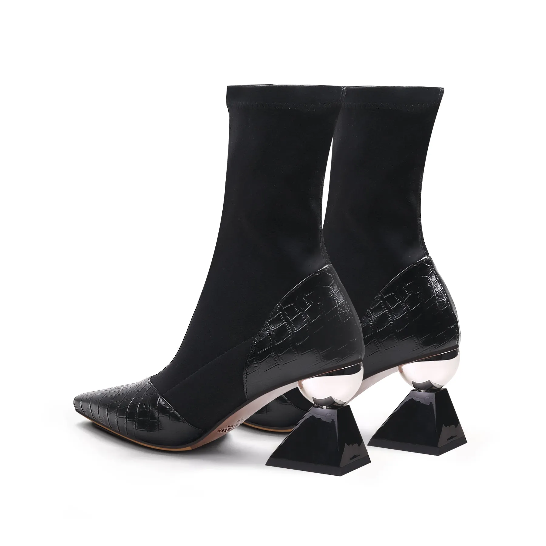 Block Heel Croc Pattern Leather Sock Boot - Black