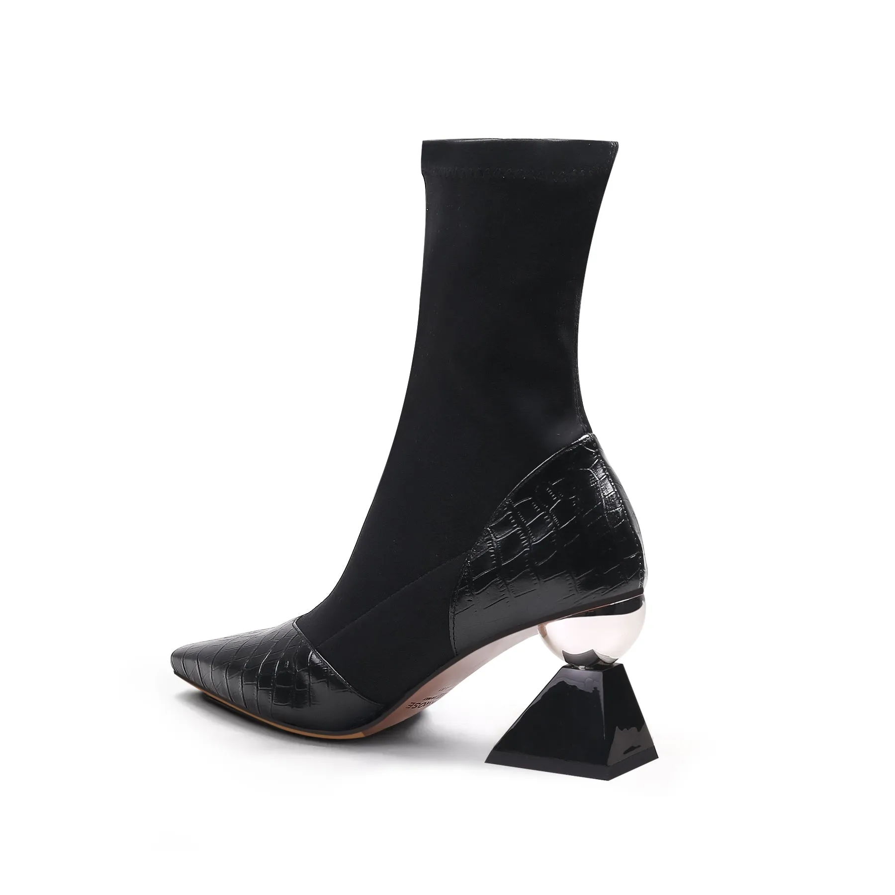 Block Heel Croc Pattern Leather Sock Boot - Black
