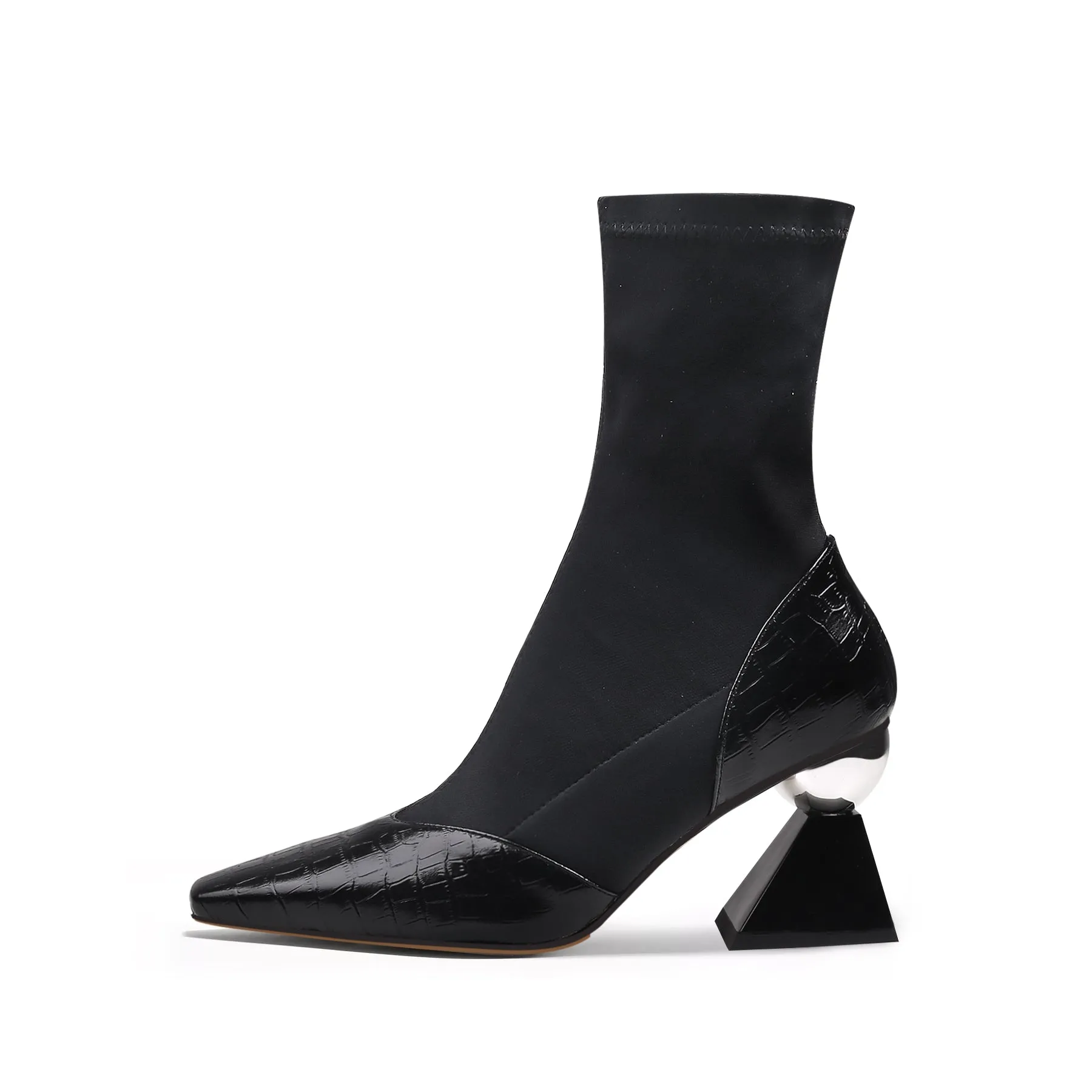 Block Heel Croc Pattern Leather Sock Boot - Black