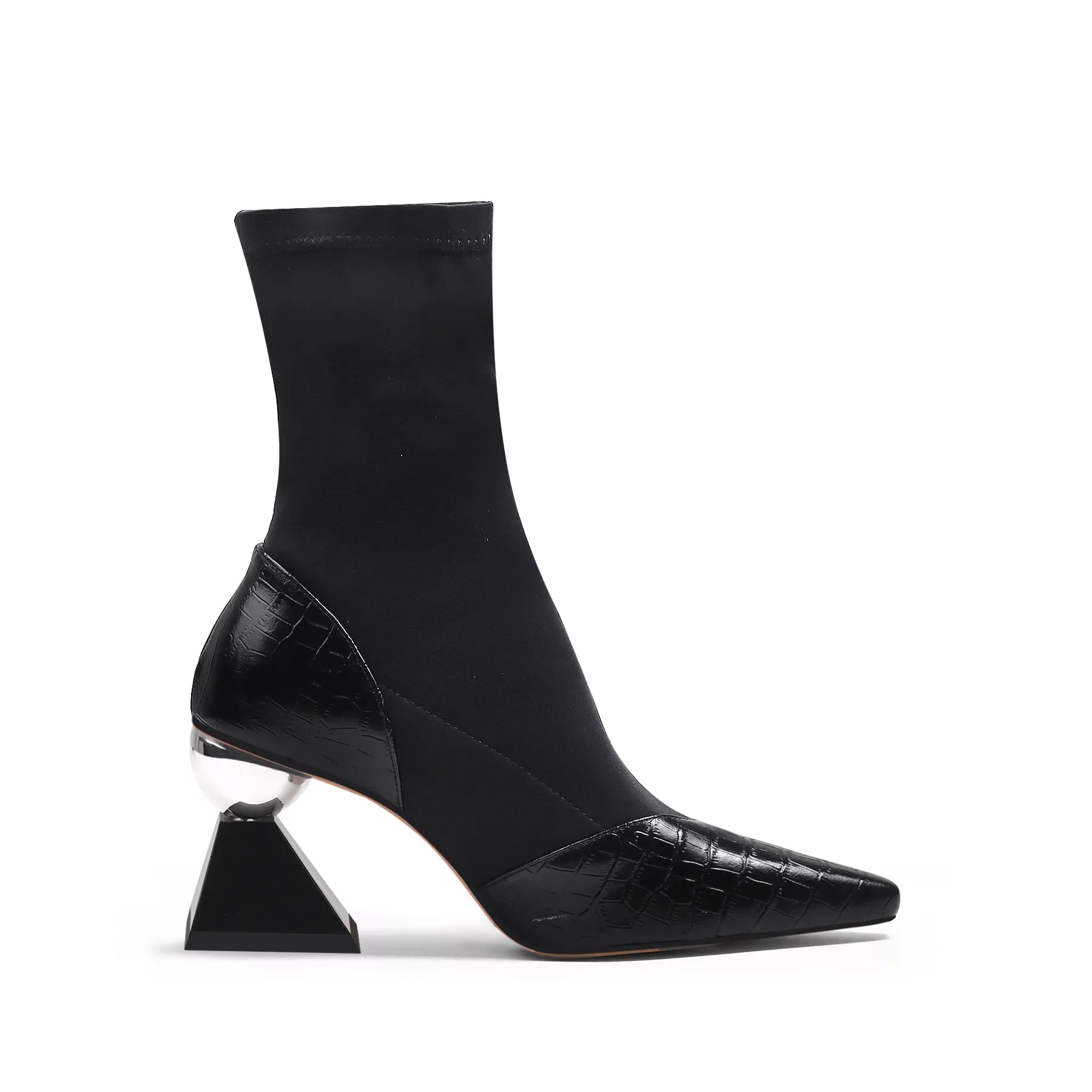 Block Heel Croc Pattern Leather Sock Boot - Black