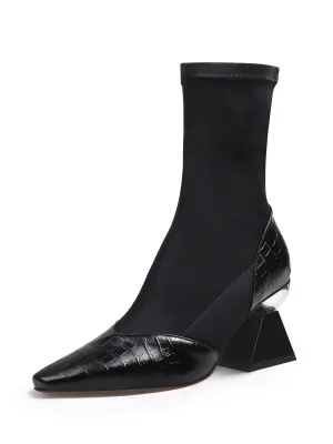 Block Heel Croc Pattern Leather Sock Boot - Black