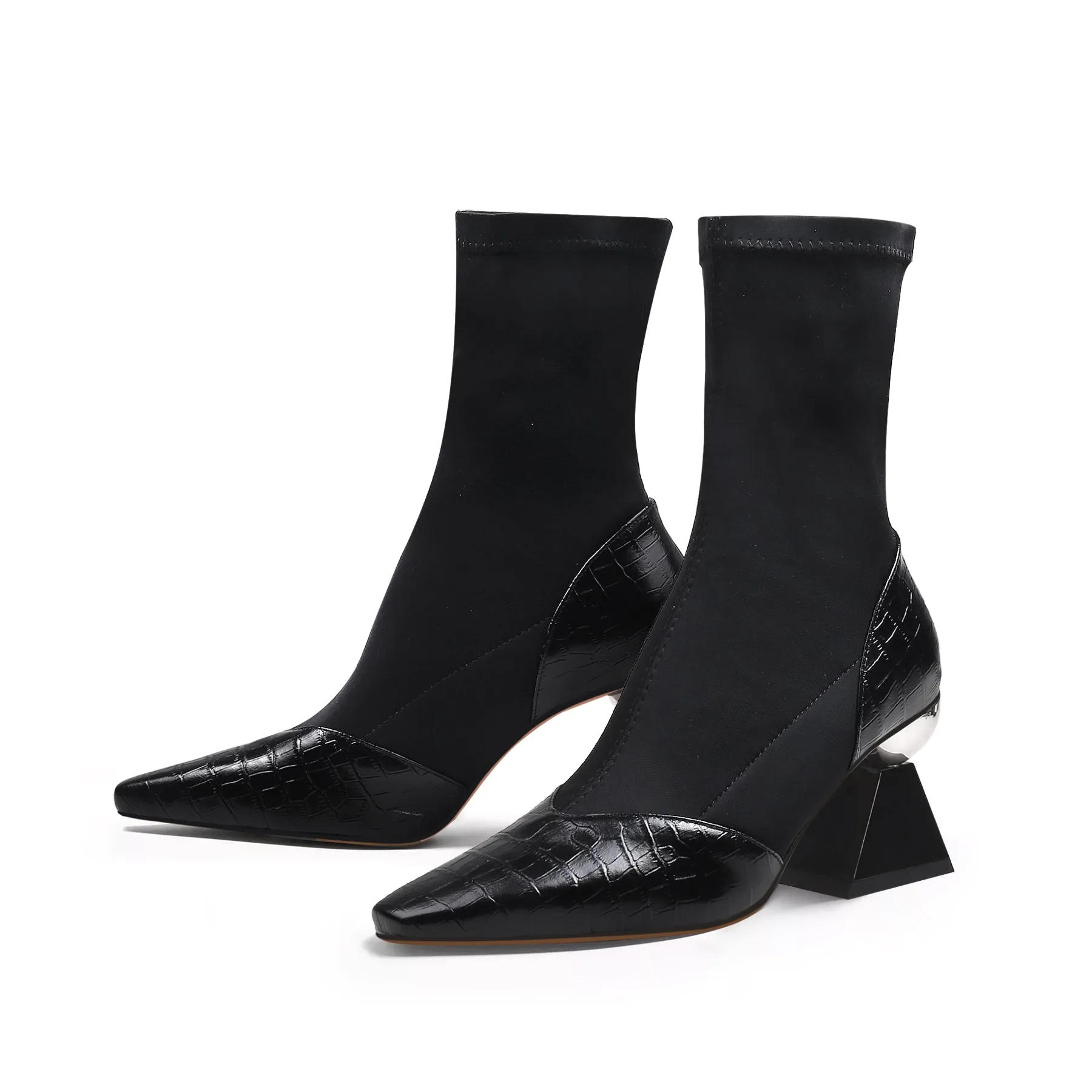 Block Heel Croc Pattern Leather Sock Boot - Black