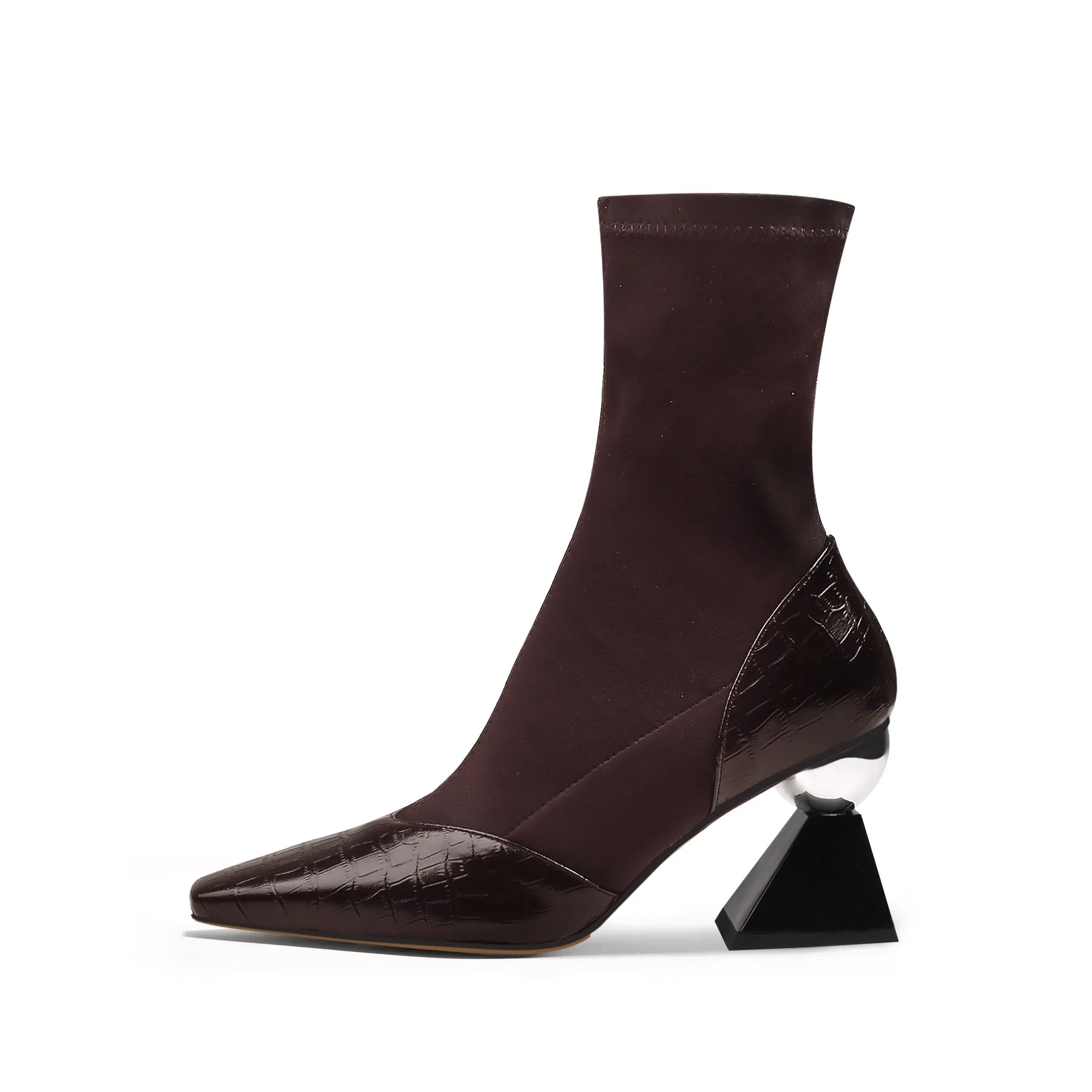 Block Heel Croc Pattern Leather Sock Boot - Brown