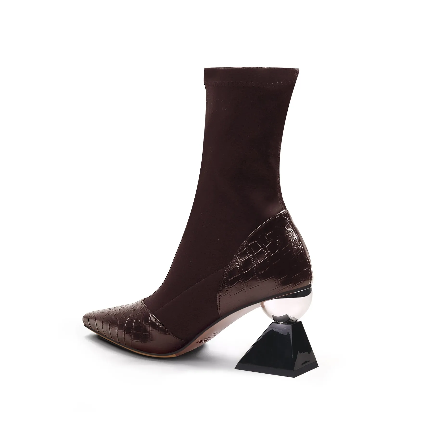 Block Heel Croc Pattern Leather Sock Boot - Brown