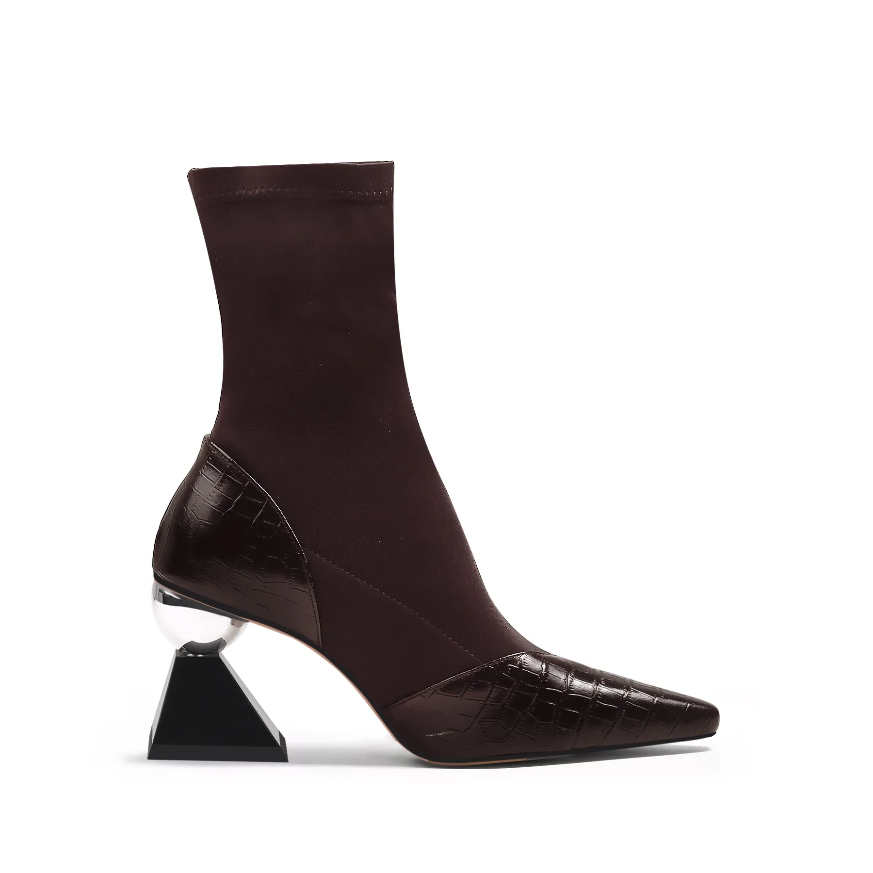 Block Heel Croc Pattern Leather Sock Boot - Brown