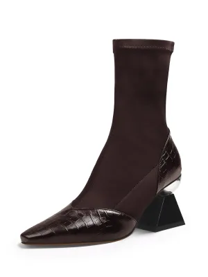 Block Heel Croc Pattern Leather Sock Boot - Brown