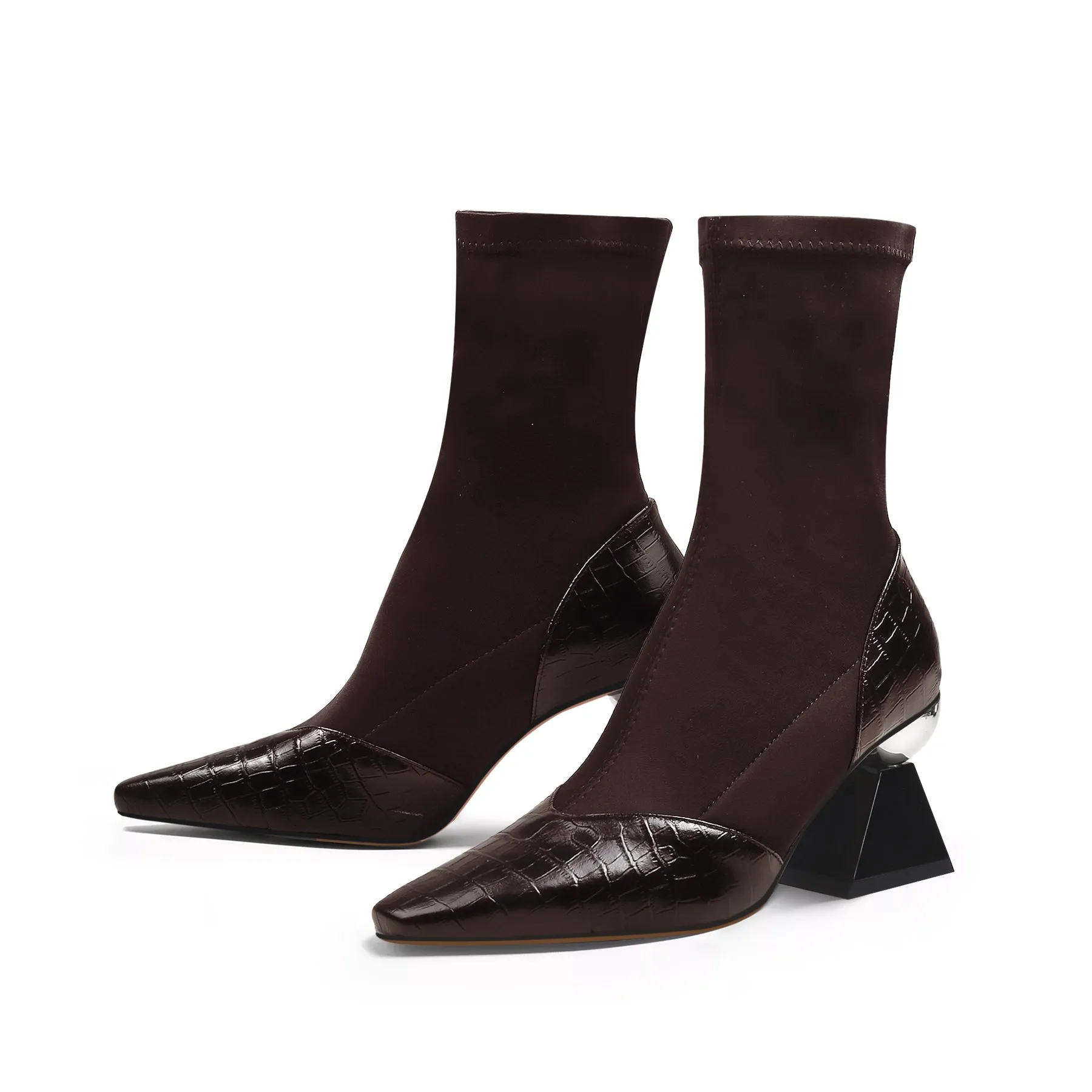 Block Heel Croc Pattern Leather Sock Boot - Brown