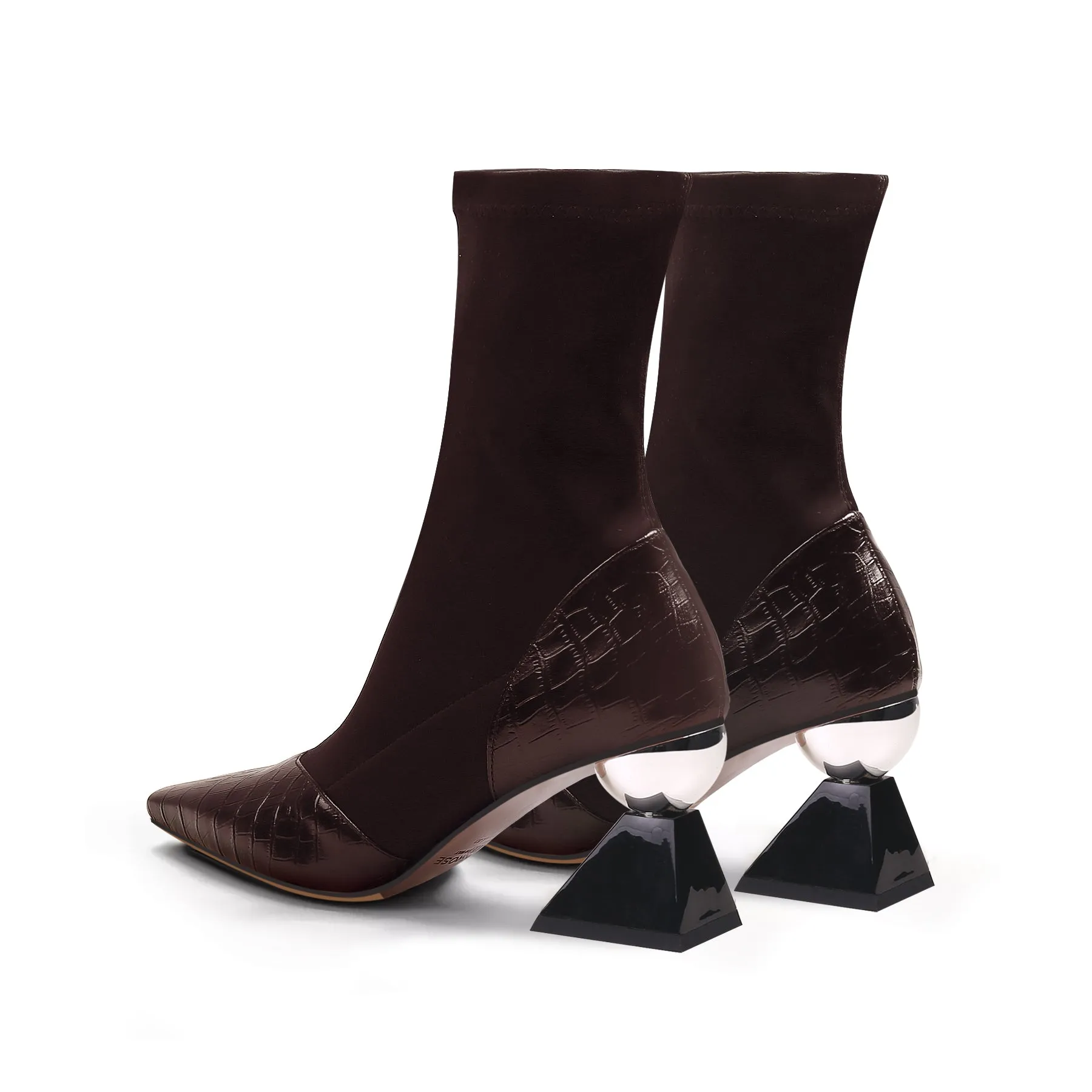 Block Heel Croc Pattern Leather Sock Boot - Brown