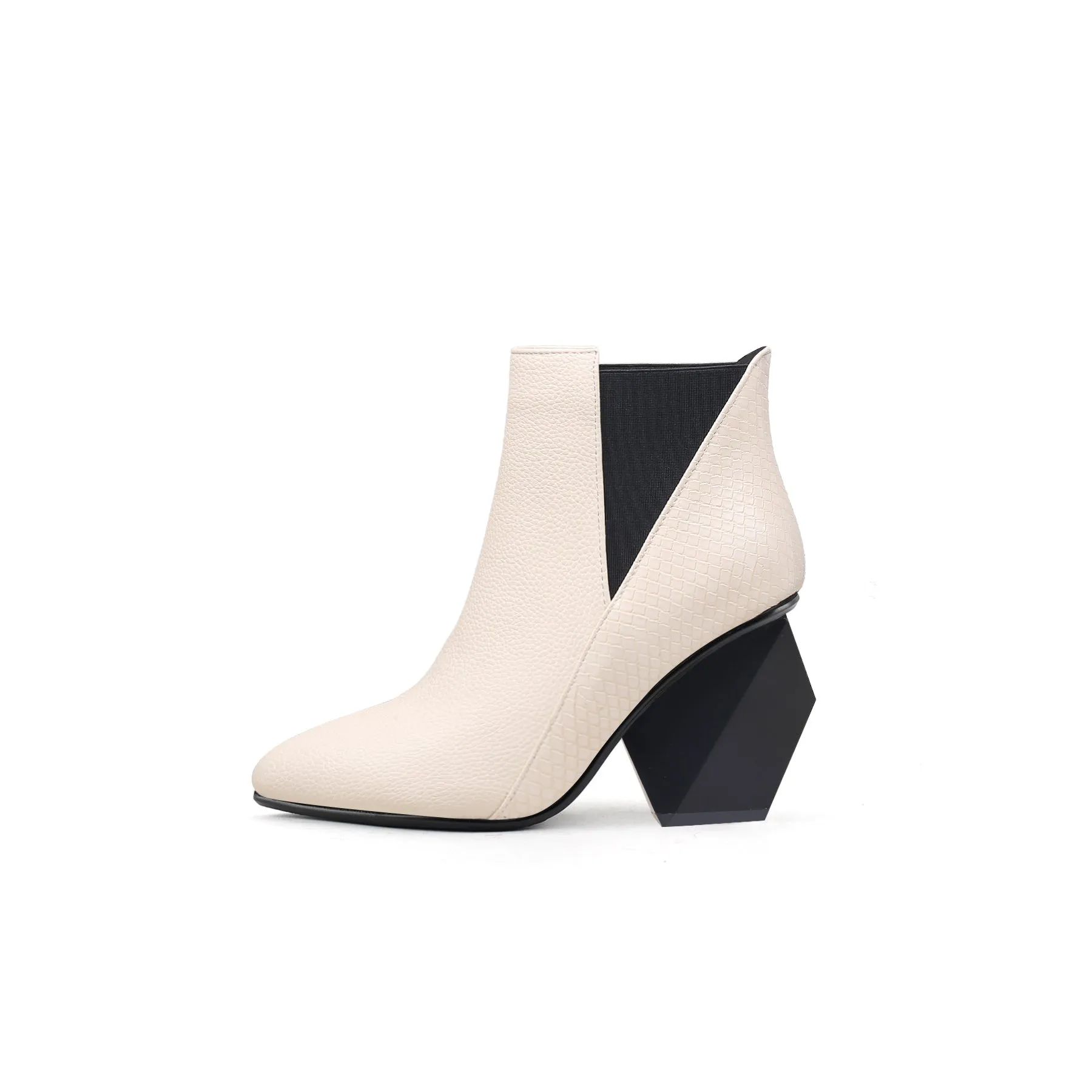 Block Heel Leather Ankle Bootie - Ivory