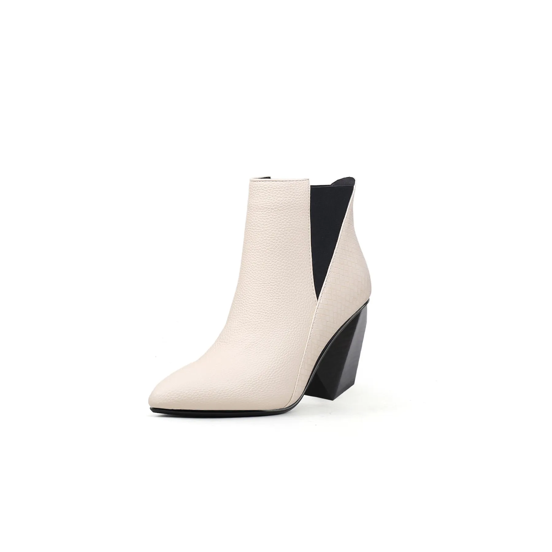 Block Heel Leather Ankle Bootie - Ivory