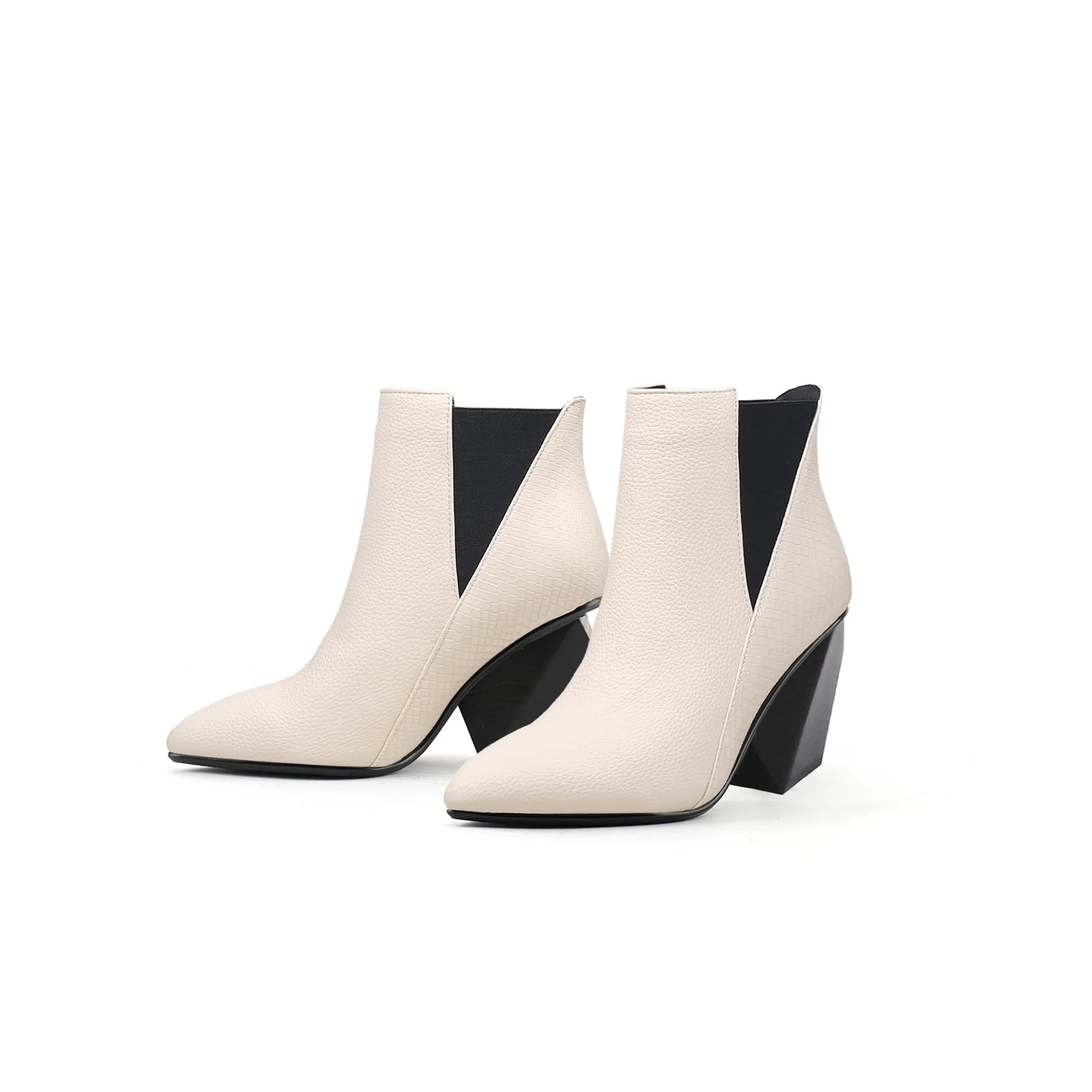 Block Heel Leather Ankle Bootie - Ivory