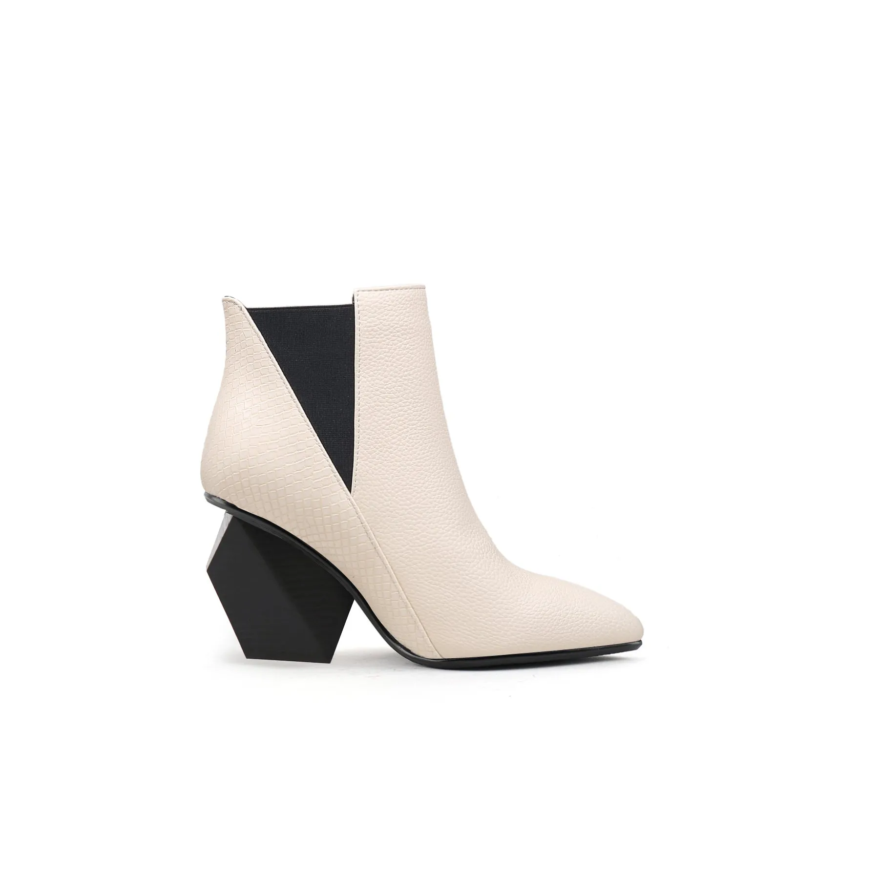 Block Heel Leather Ankle Bootie - Ivory