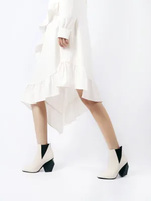 Block Heel Leather Ankle Bootie - Ivory