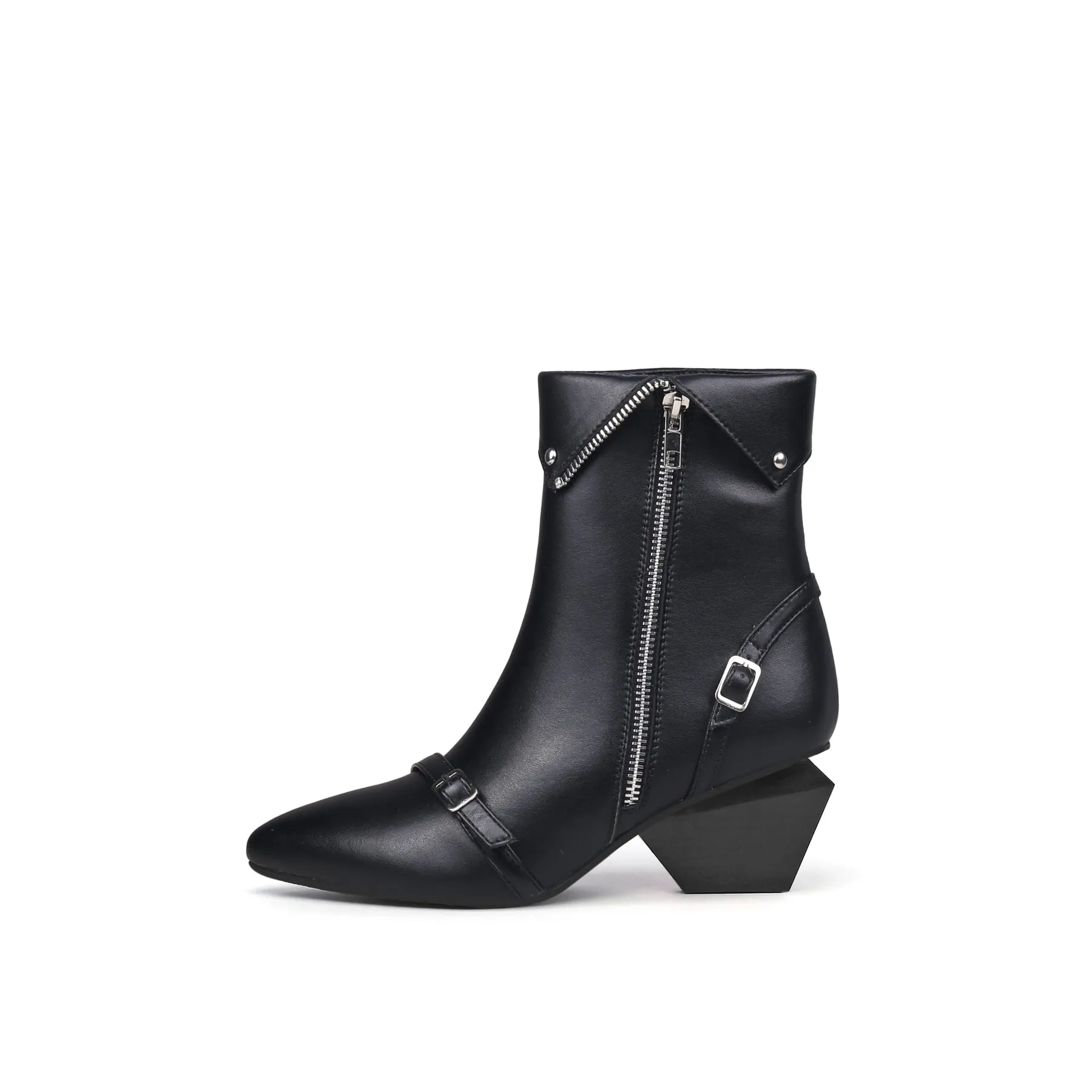Block Heel Leather Straps Bootie - Black
