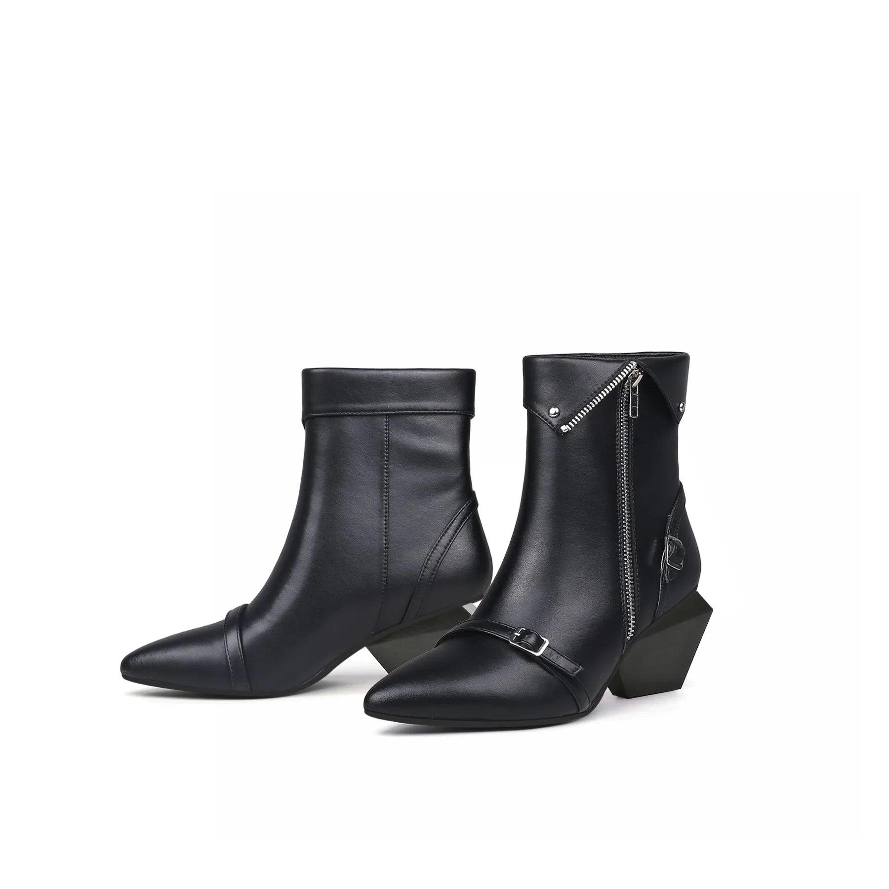 Block Heel Leather Straps Bootie - Black