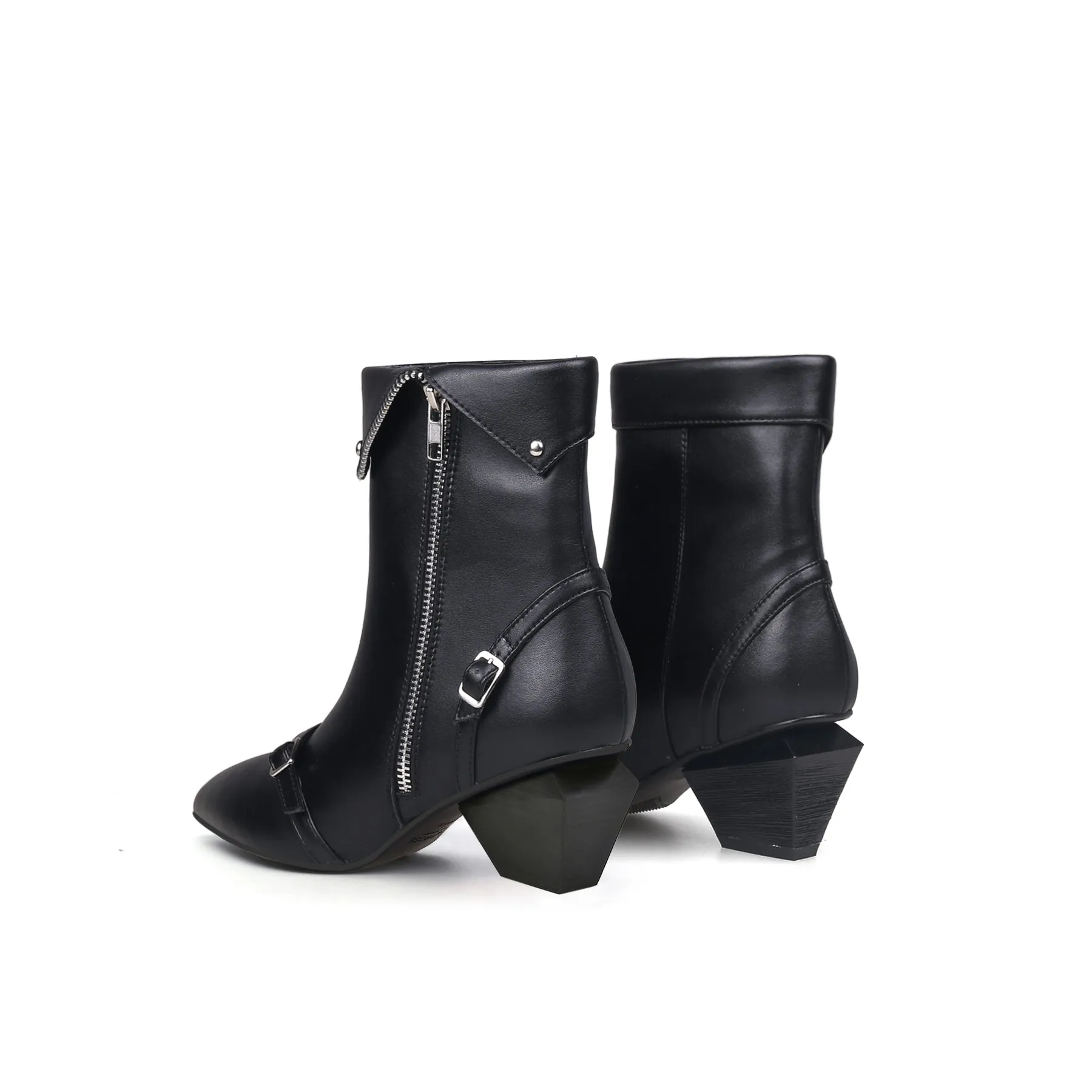 Block Heel Leather Straps Bootie - Black