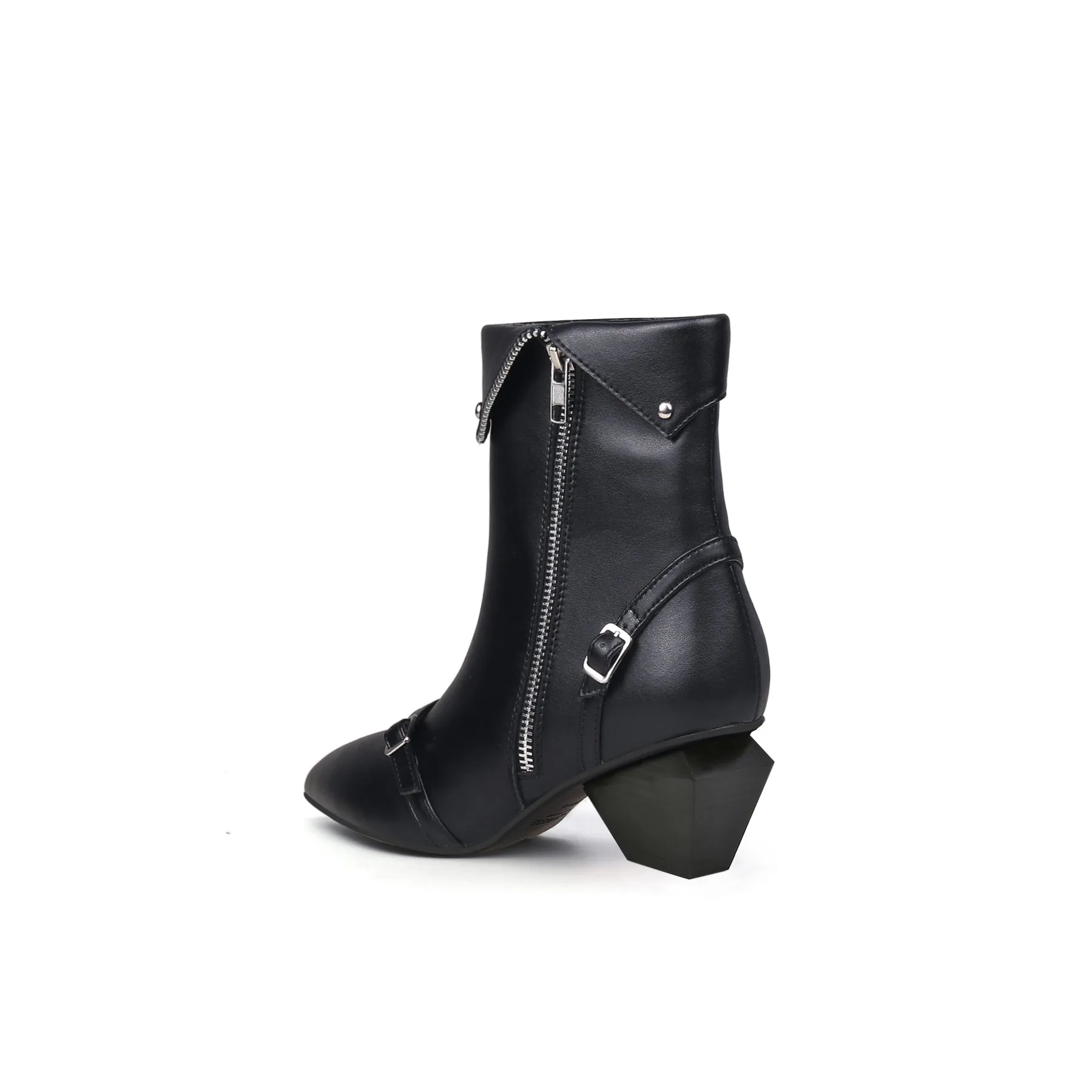 Block Heel Leather Straps Bootie - Black