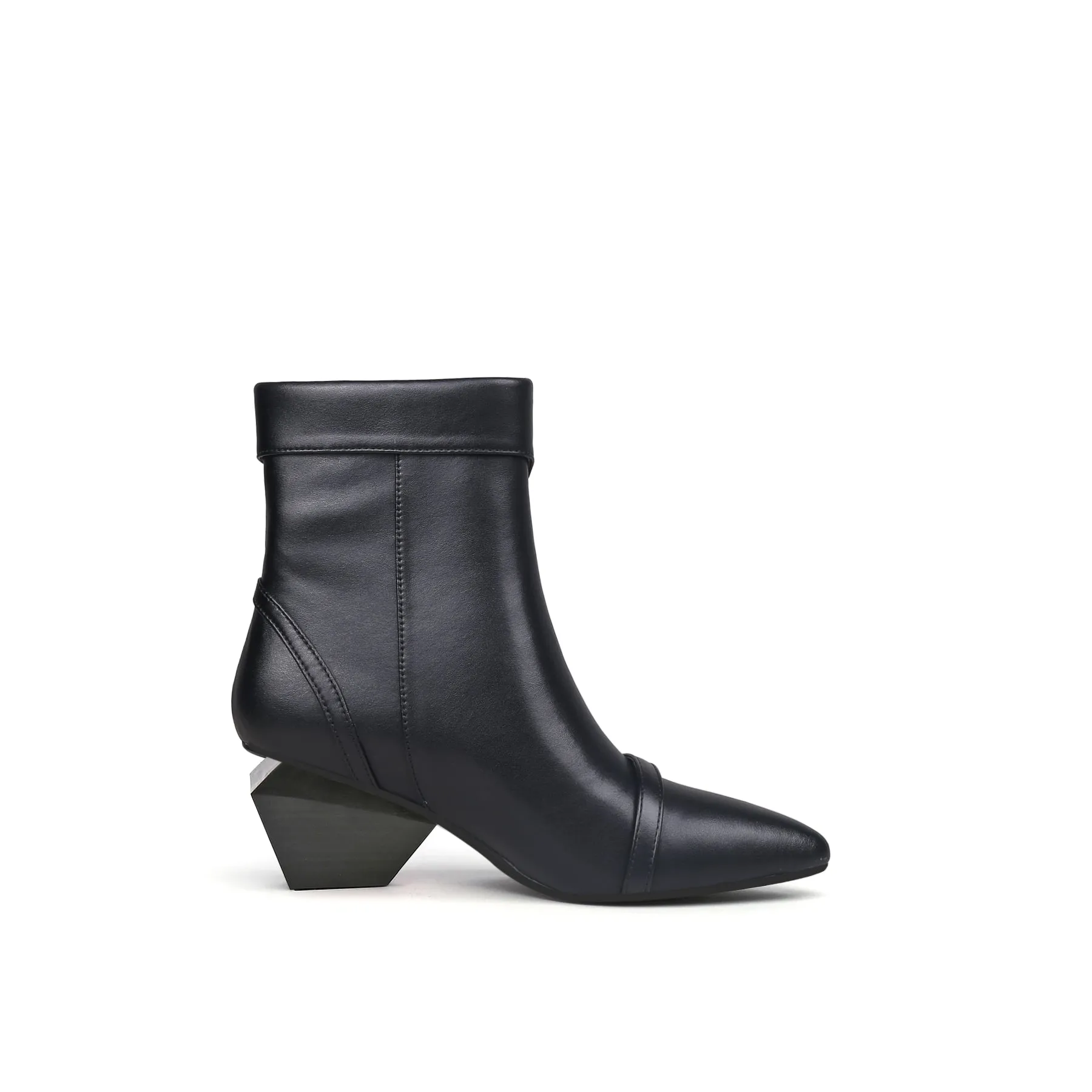 Block Heel Leather Straps Bootie - Black