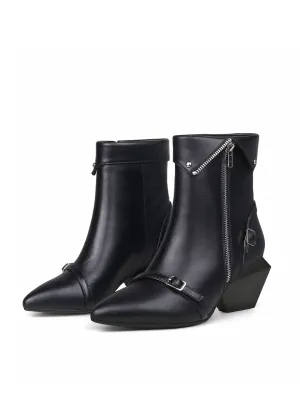 Block Heel Leather Straps Bootie - Black