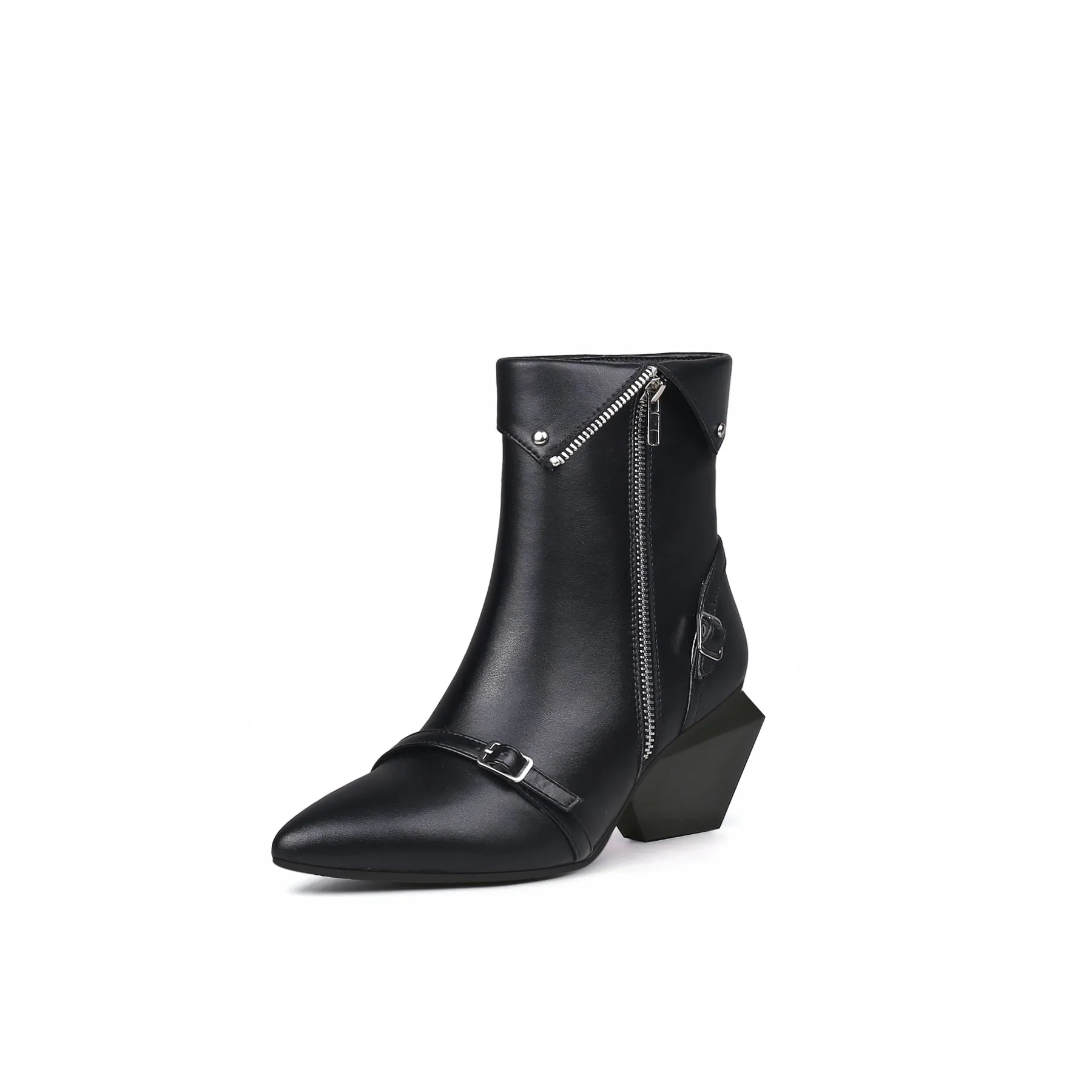 Block Heel Leather Straps Bootie - Black