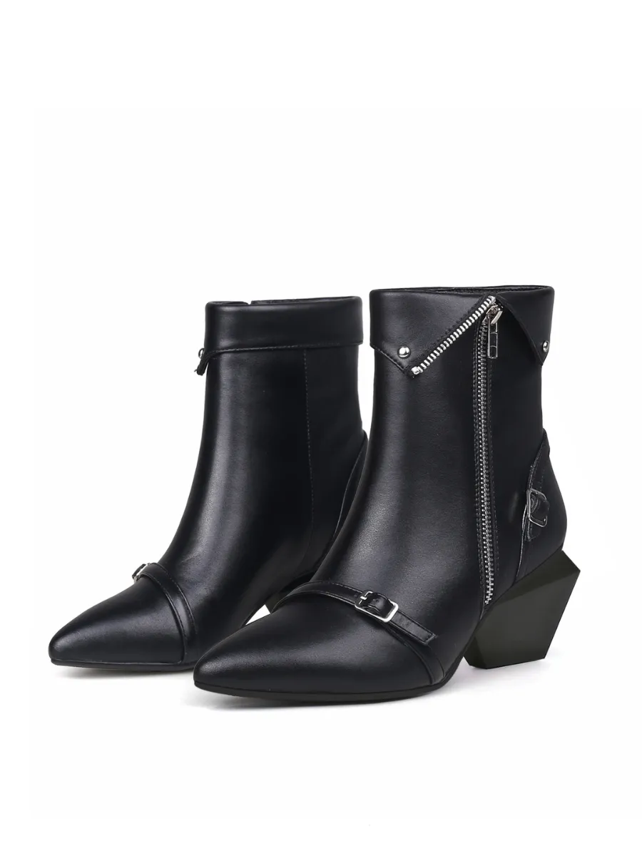 Block Heel Leather Straps Bootie - Black