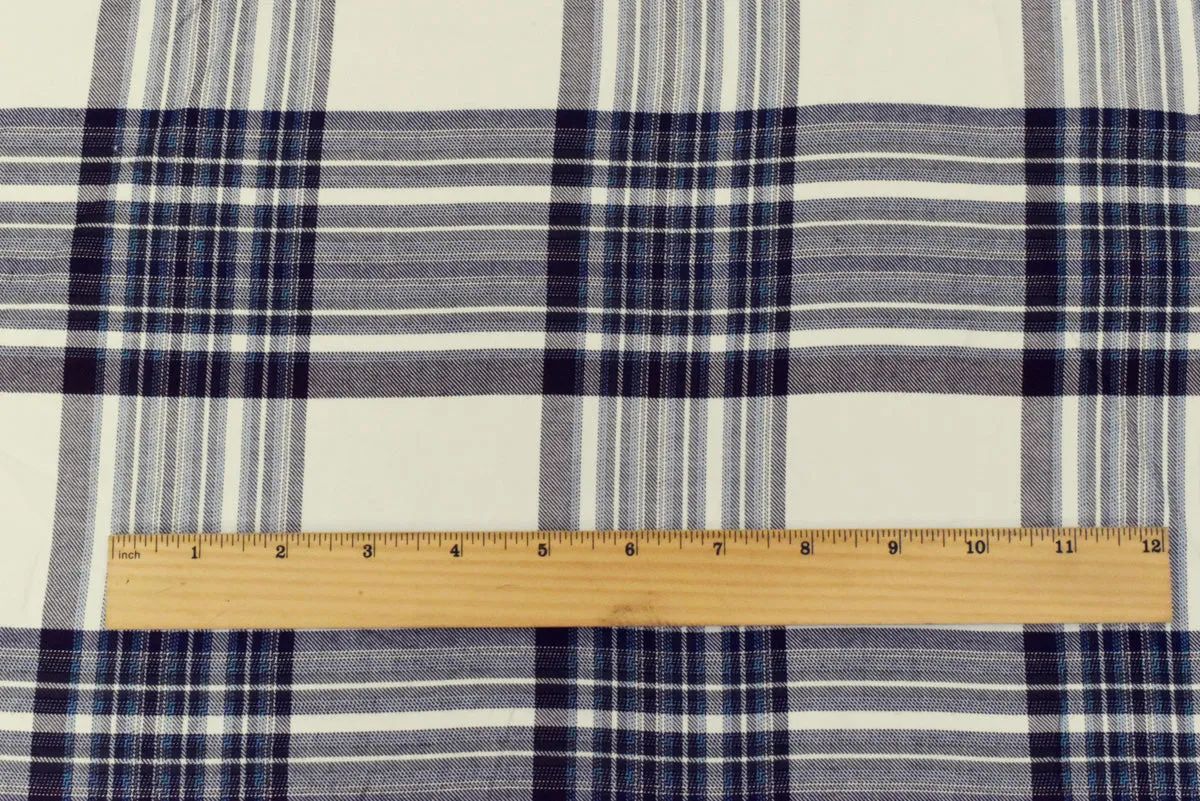Blue-Ivory-Multi Famous Maker Cotton-Rayon Plaid Twill Shirting Woven Fabric