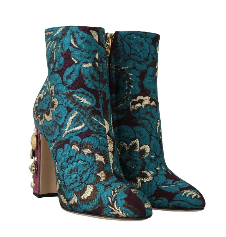 Blue Jacquard Crystal Ankle Boots