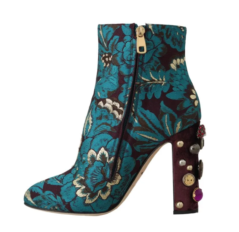 Blue Jacquard Crystal Ankle Boots