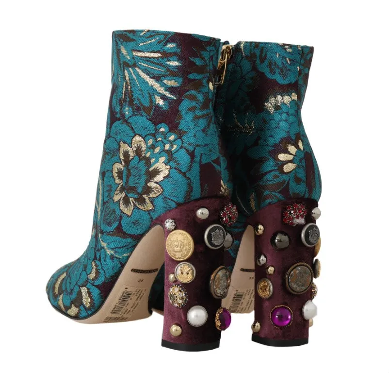 Blue Jacquard Crystal Ankle Boots