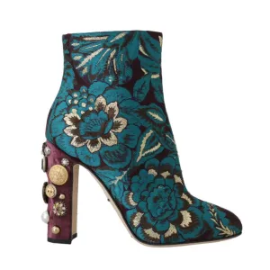 Blue Jacquard Crystal Ankle Boots