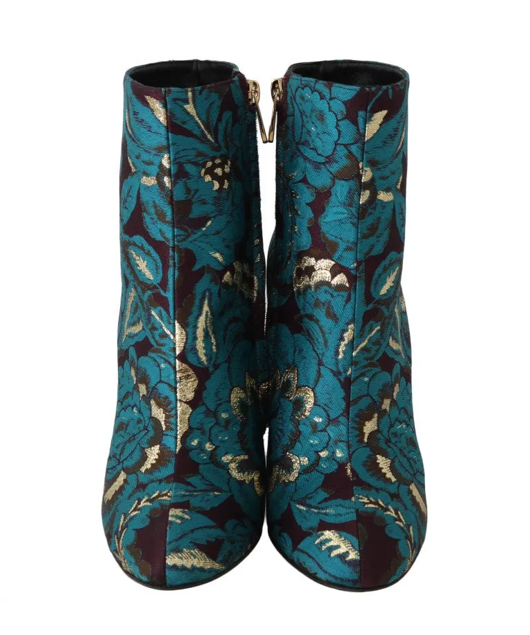 Blue Jacquard Crystal Ankle Boots