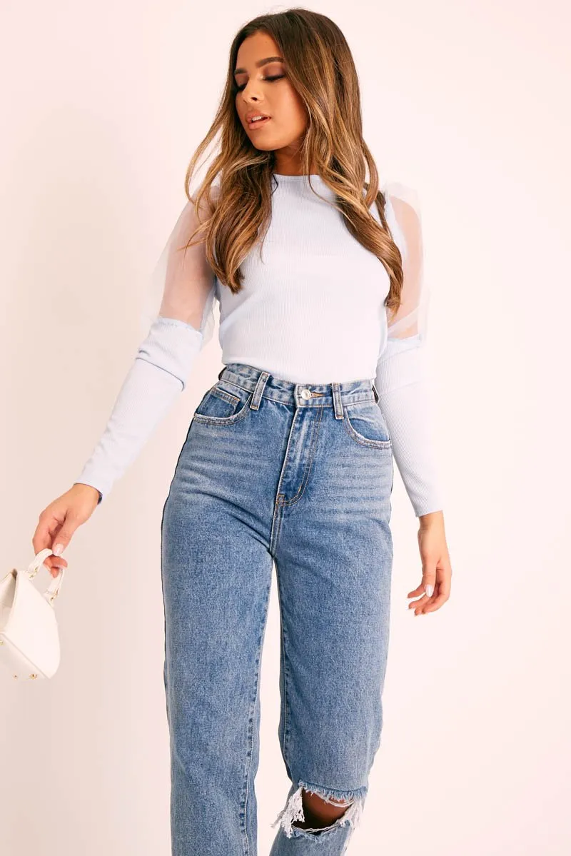 Blue Organza Half Puff Sleeve Top - Isla