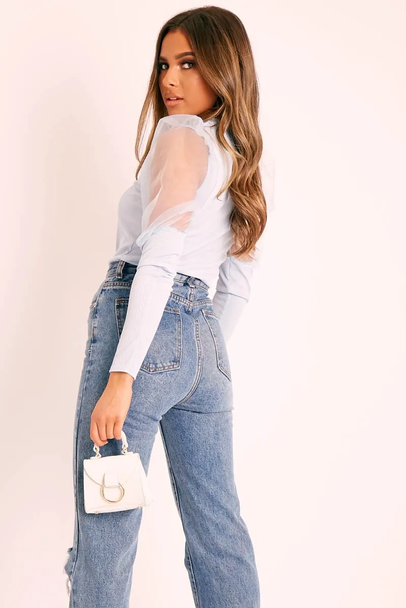Blue Organza Half Puff Sleeve Top - Isla