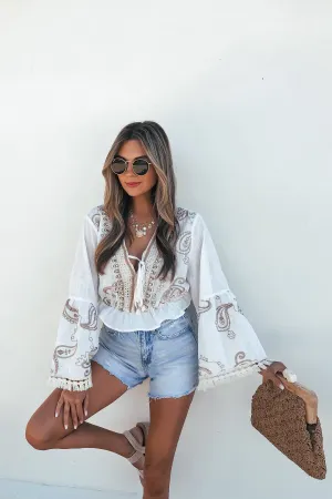 Boho Paisley Print Embellished Detail Top