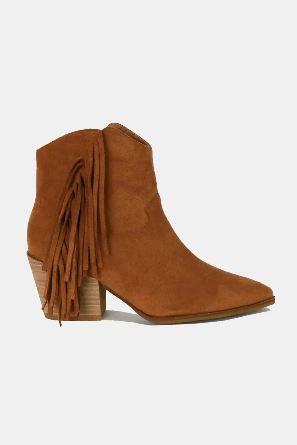Brown Faux Suede Fringe Point Toe Ankle Boots