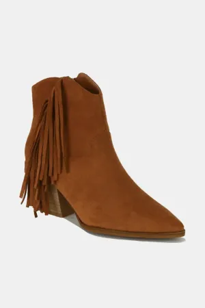 Brown Faux Suede Fringe Point Toe Ankle Boots