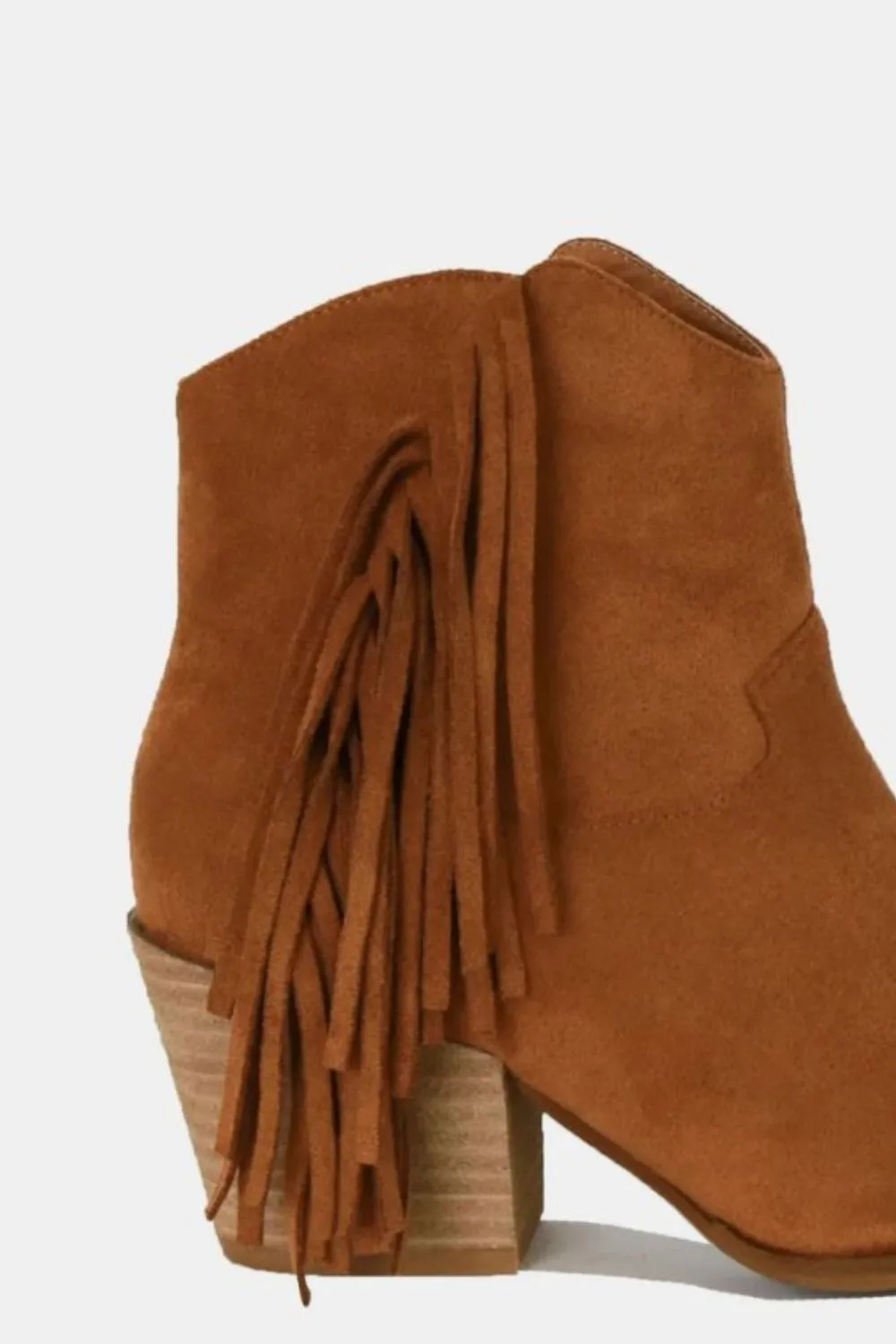Brown Faux Suede Fringe Point Toe Ankle Boots