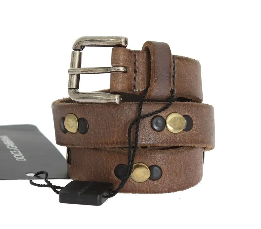 Brown Leather Silver Buckle Studded Belt