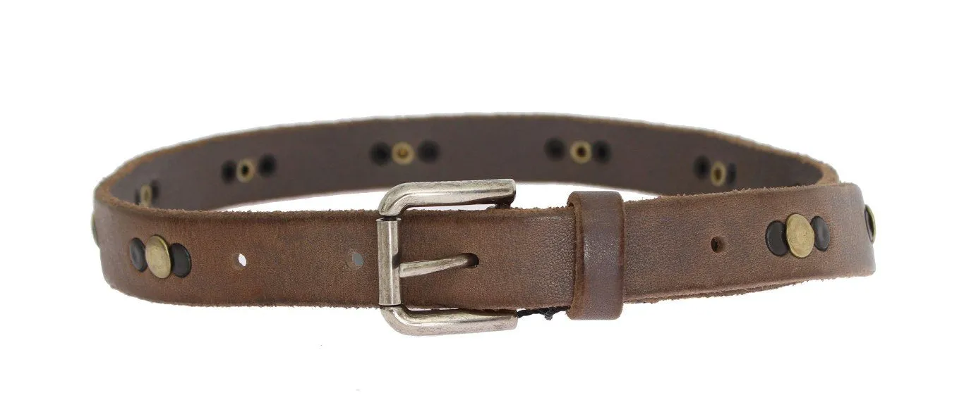 Brown Leather Silver Buckle Studded Belt