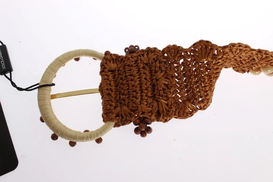 Brown Raffia Wood Beaded Wide Waist Belt