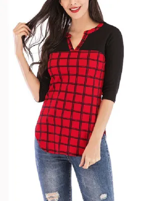 Buffalo Plaid Casual Fashion Cropped Sleeve Shirt Women