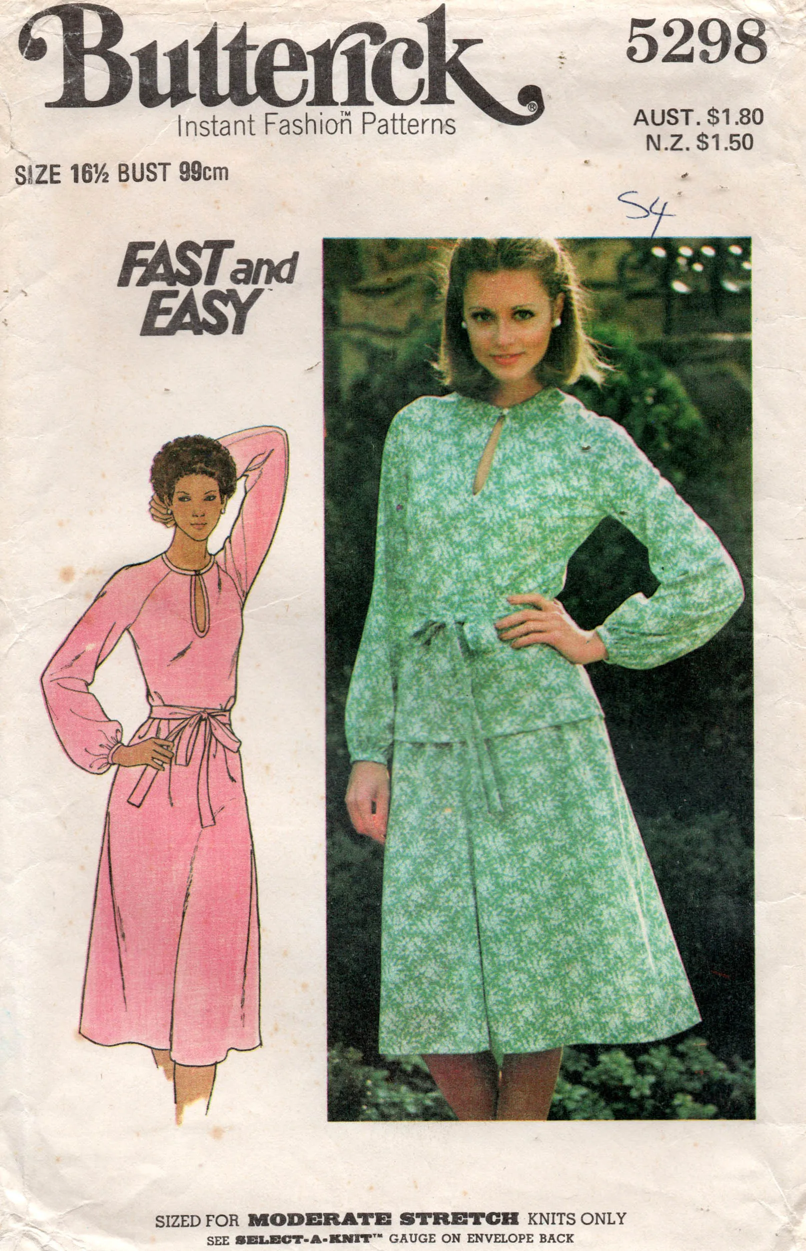Butterick 5298 Womens Half Sized Stretch Knit Dress Top & Skirt 1970s Vintage Sewing Pattern Size 16 1/2 Bust 39 inches