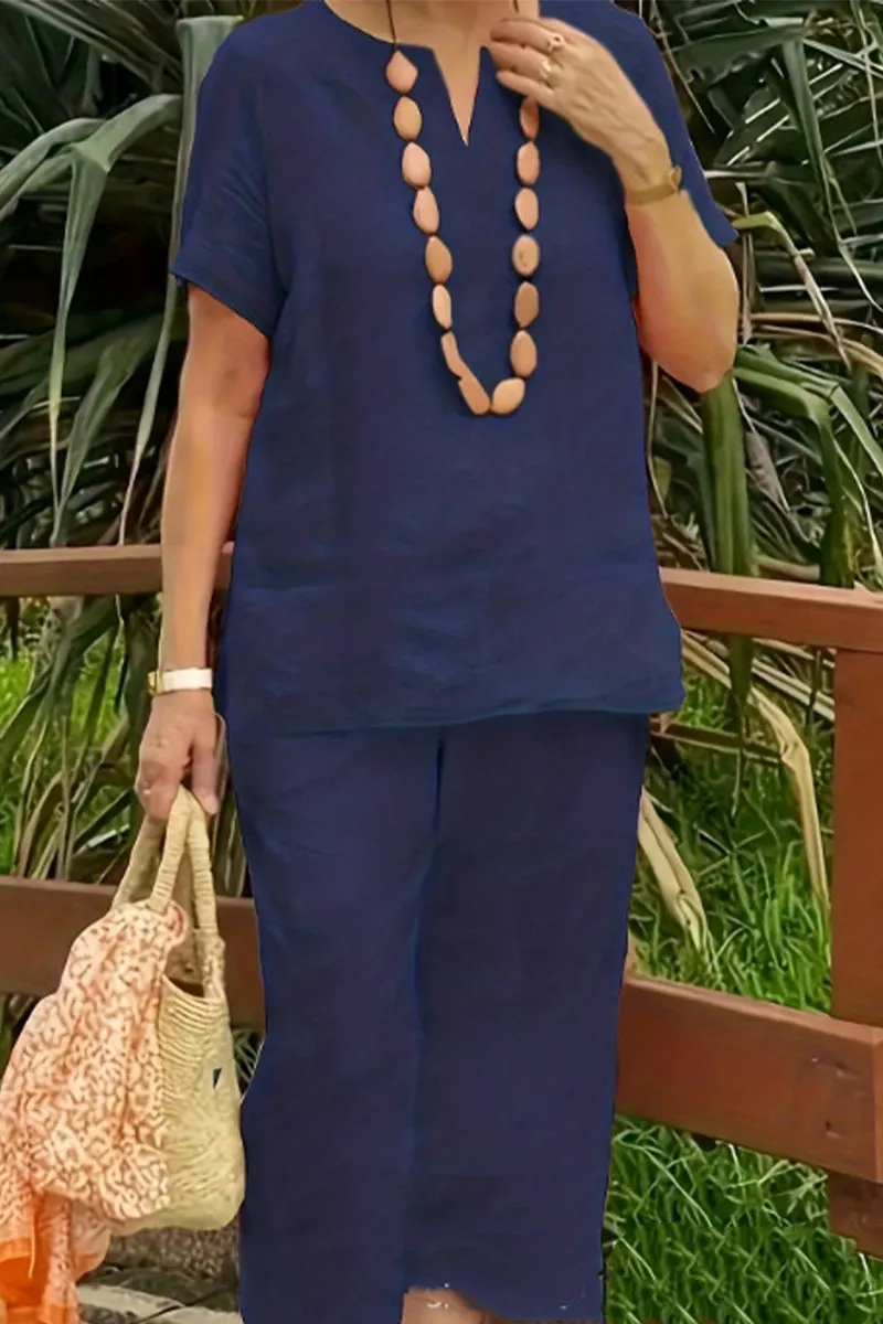 Casual Simplicity Solid V Neck Short Sleeve Two Pieces（No accessories）