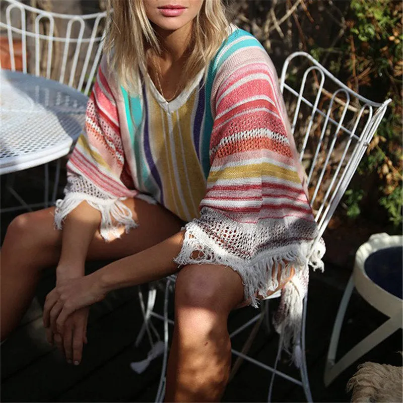 Casual V-Neck Batwing Sleeve Tassel Summer Women Tops Blouses Sexy Lace Up Side Split Women Beachwear Crochet Tunic Q828