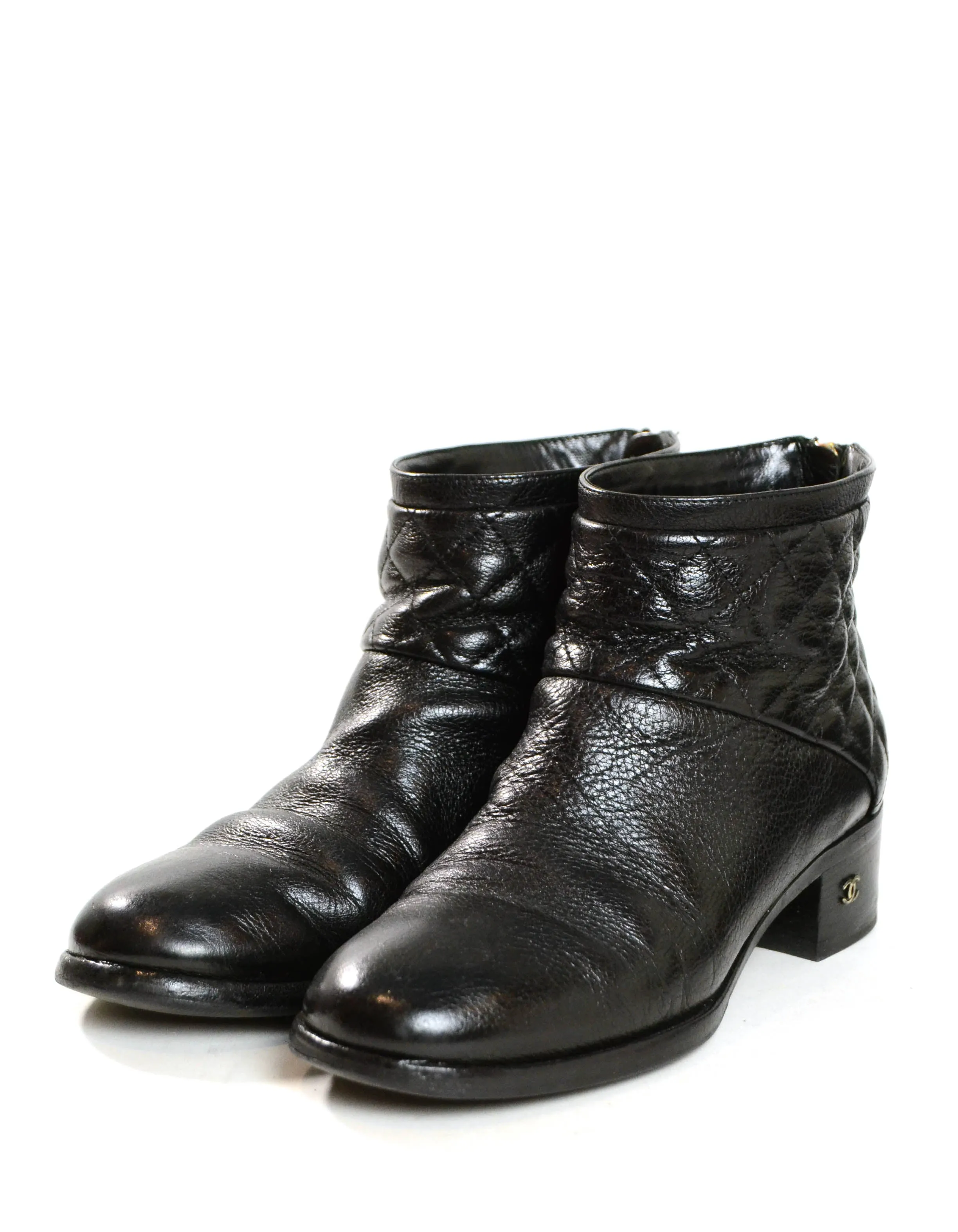 Chanel Black Quilted Leather Ankle Booties sz 38.5