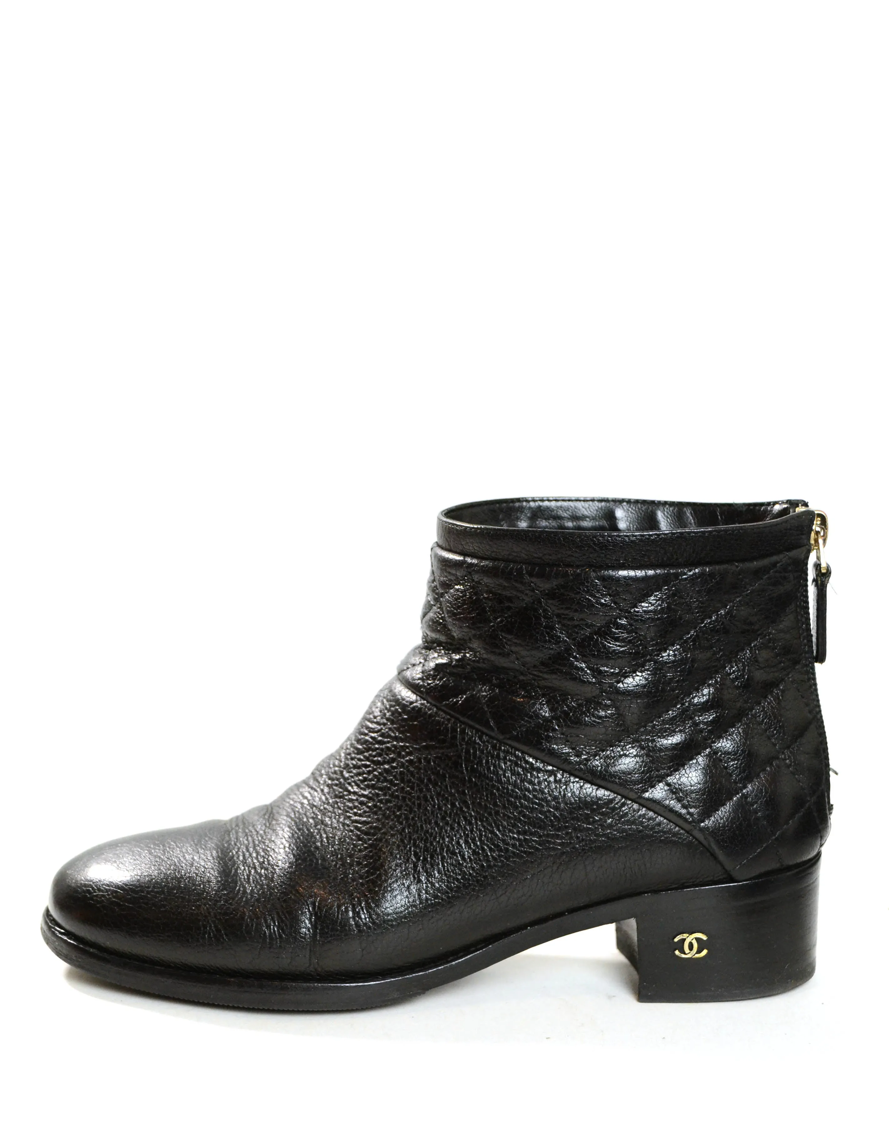 Chanel Black Quilted Leather Ankle Booties sz 38.5