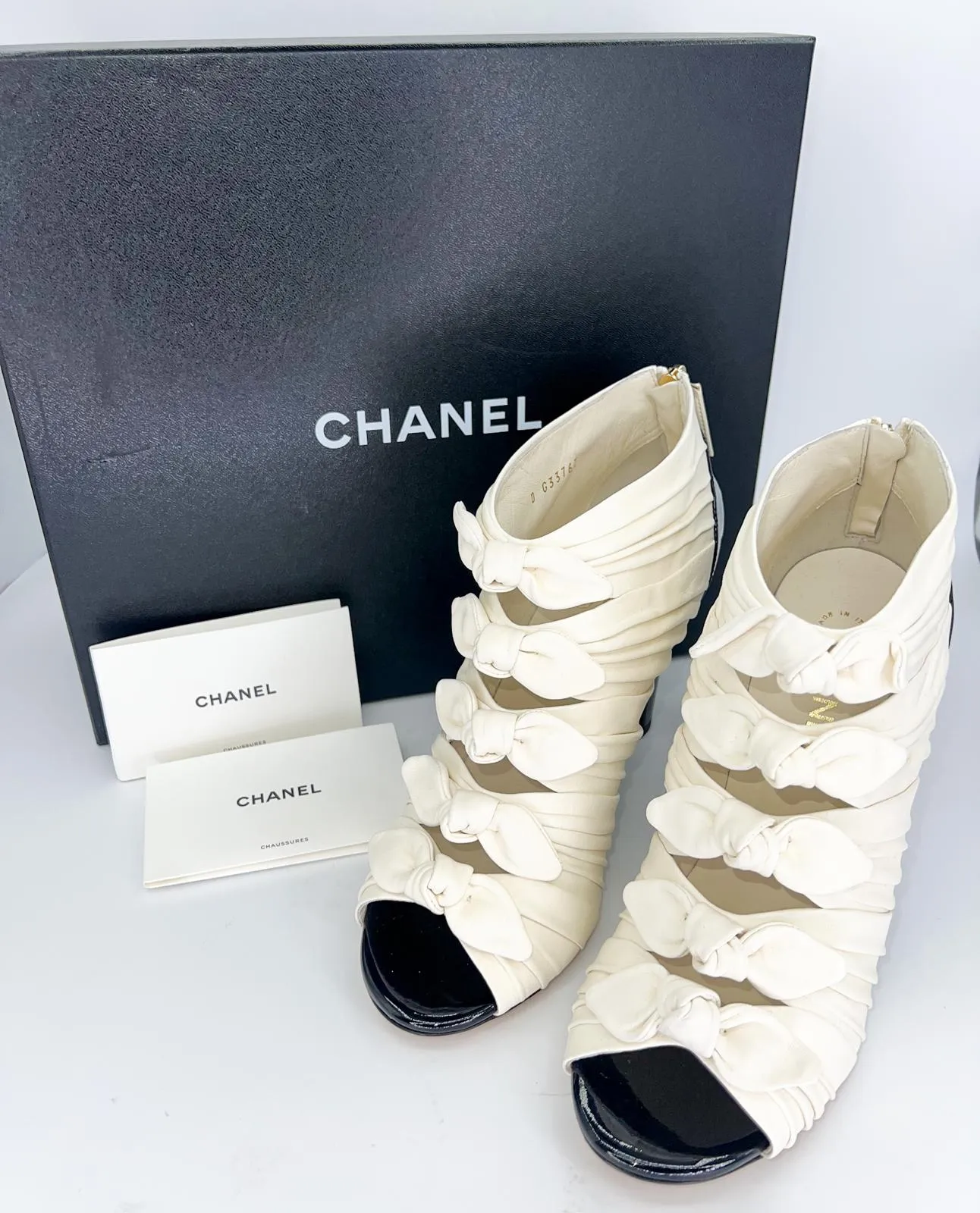 CHANEL Ivory Bow Detail CC Logo Ruched Ankle Booties Size EU40