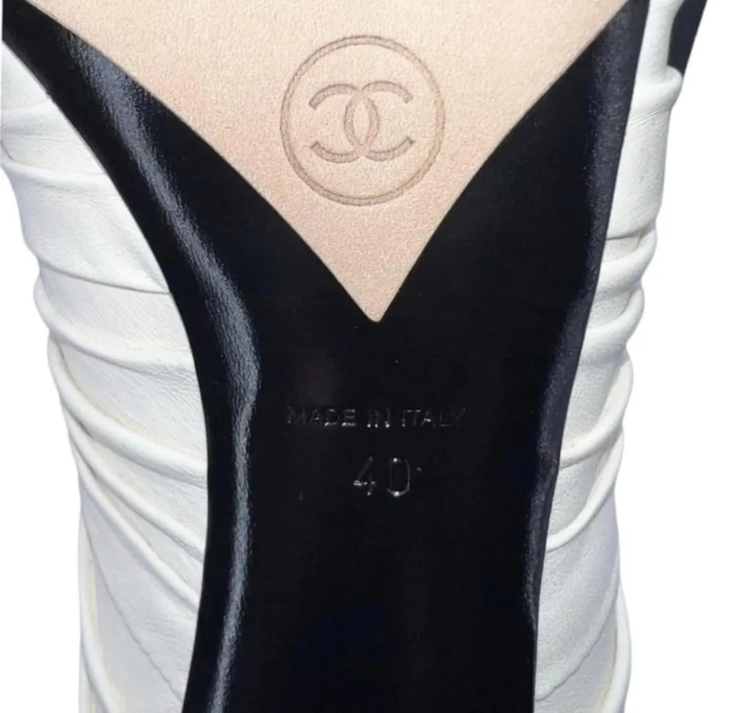CHANEL Ivory Bow Detail CC Logo Ruched Ankle Booties Size EU40