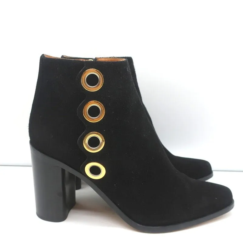 Chloe Grommet-Trim Ankle Boots Flo Black Suede Size 38.5 Pointed Toe Booties
